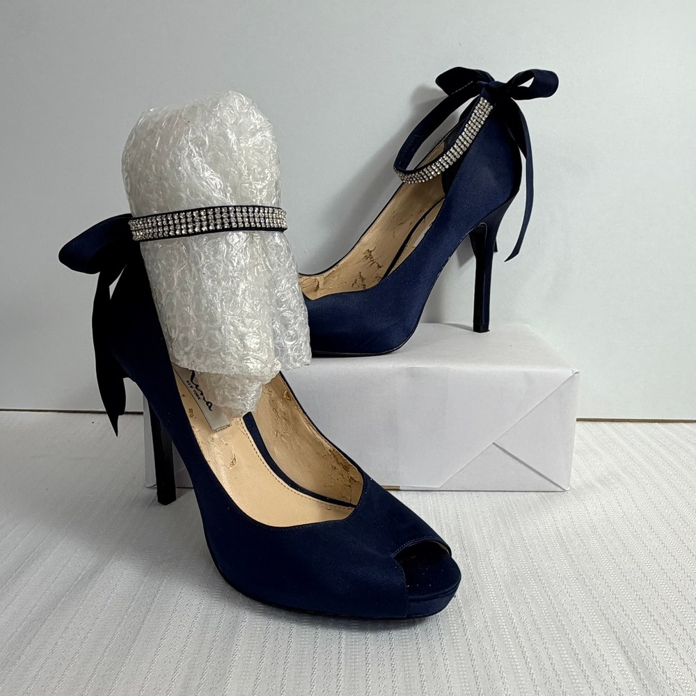 Nina Peep‎ Toe Pumps 9.5M Navy Satin Rhinestone Bow Heels Wedding Guest Gala